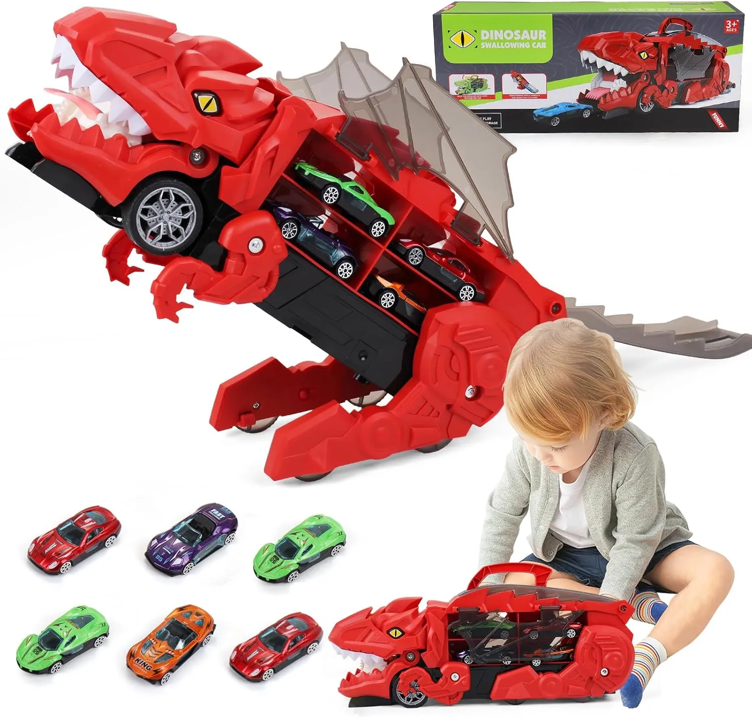 Dinosaur Cars Transport Truck Carrier, Toy Cars Track Set Dinosaur Transporter Truck, Monster Truck Toy for Toddler, Transforms into Dino, Dinosaur Toys for Kids 3-5, Birthday Gifts Toys(Red)