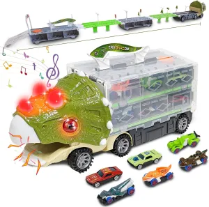 Dinosaur Toys for Kids 3-5,61 Inch Foldable Dinosaur Truck with 6 Dinosaur Cars,Dinosaur Truck Race Track with Lights & Sounds,Dinosaur Cars Set ​Birthday Gifts Toys for 3 4 5  Year Old Boy and Girl