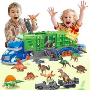 Dinosaur Transport Carrier Truck Toy - 12 Dinosaurs & ABS Plastic Truck with Rotating Cab & 4 Doors, 13 Piece Educational Vehicle Playset for Kids Ages 3  Years (ASTM Certified)