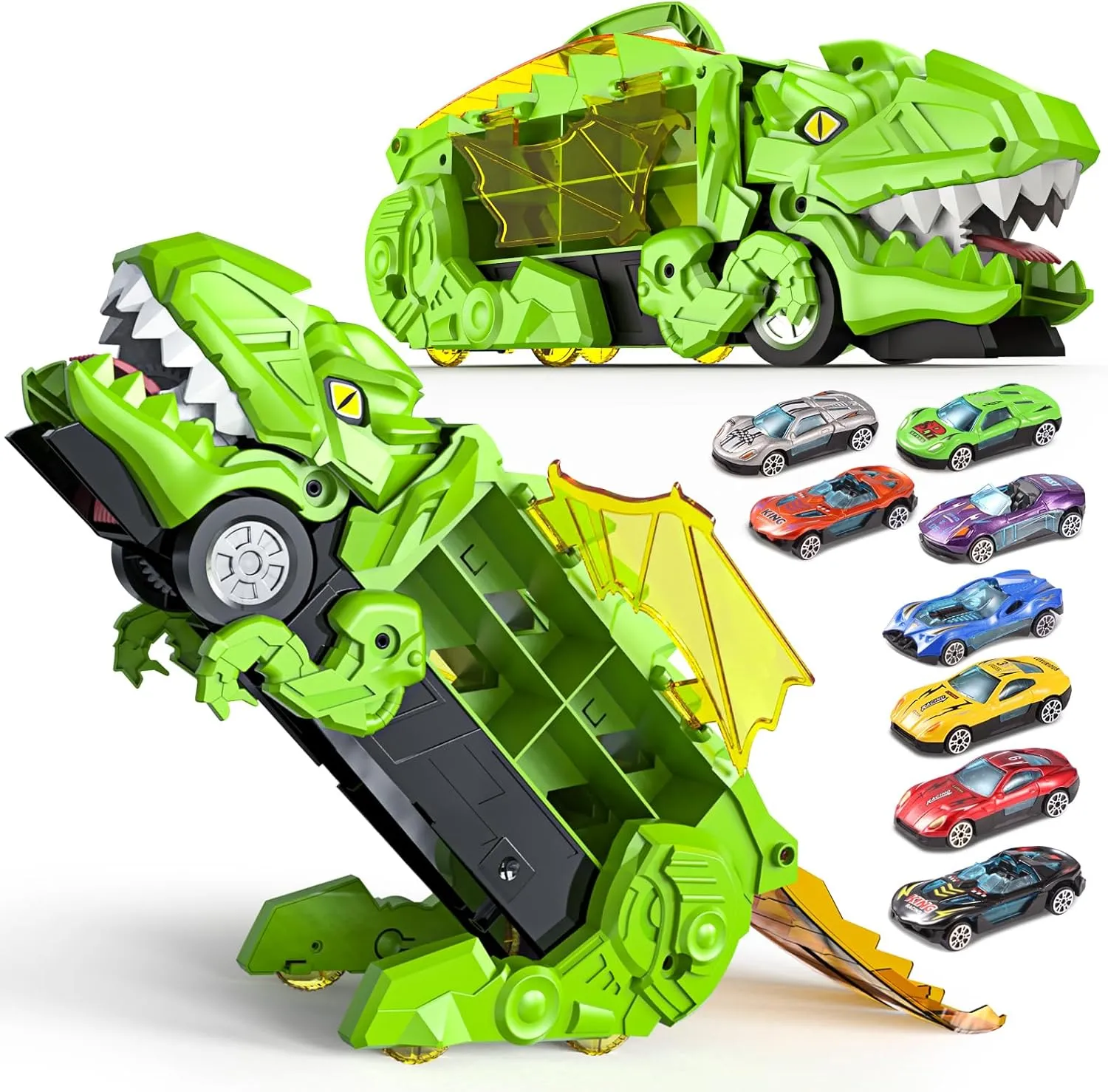 Dinosaur Transport Truck Toys - 9-in-1 Car Carrier & Track Set with 8 Mini Cars, Dino Monster Truck for Kids 3-12, Push & Pull Toy, Race & Storage Gift for Boys Girls (Green)