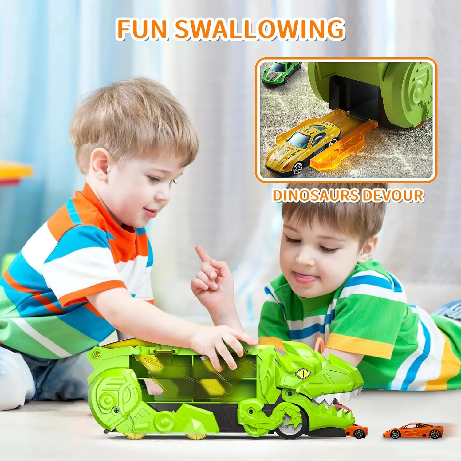 Dinosaur Transport Truck Toys - 9-in-1 Car Carrier & Track Set with 8 Mini Cars, Dino Monster Truck for Kids 3-12, Push & Pull Toy, Race & Storage Gift for Boys Girls (Green)