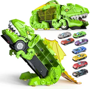Dinosaur Transport Truck Toys - 9-in-1 Car Carrier & Track Set with 8 Mini Cars, Dino Monster Truck for Kids 3-12, Push & Pull Toy, Race & Storage Gift for Boys Girls (Green)