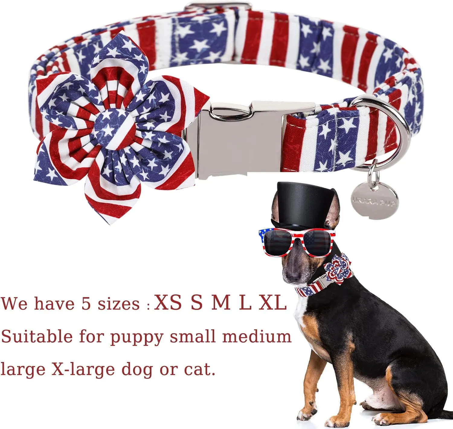 Dog Collar with Flower, 4th of July Comfortable Cotton Dog Collar, American Flag Collar for Large Girl Dog, Patriotic Flower Collar with Metal Buckle, L