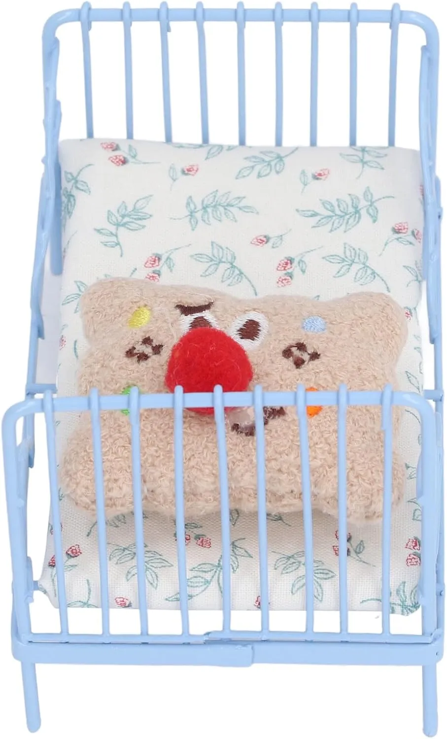 Dollhouse Bed Metal Structure Miniature Bed Decoration Cute Pattern Fine Workmanship 1:12 for Bedroom (Blue Flower Pattern)