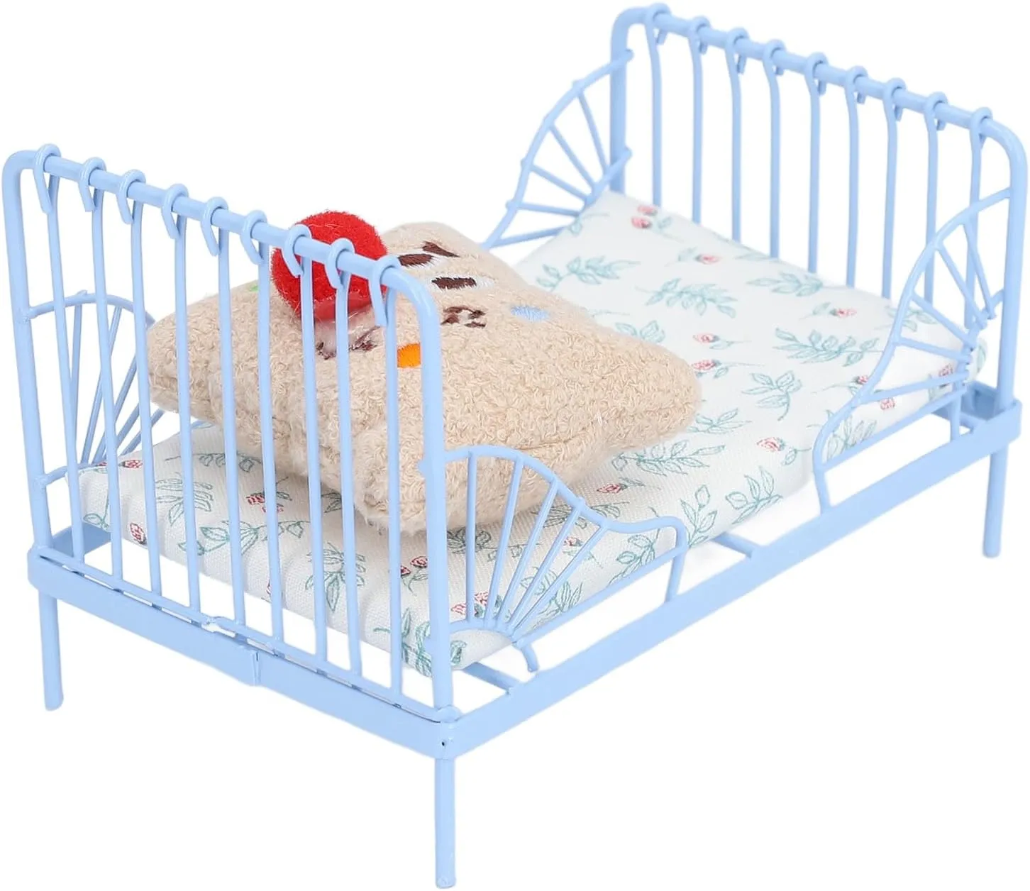 Dollhouse Bed Metal Structure Miniature Bed Decoration Cute Pattern Fine Workmanship 1:12 for Bedroom (Blue Flower Pattern)