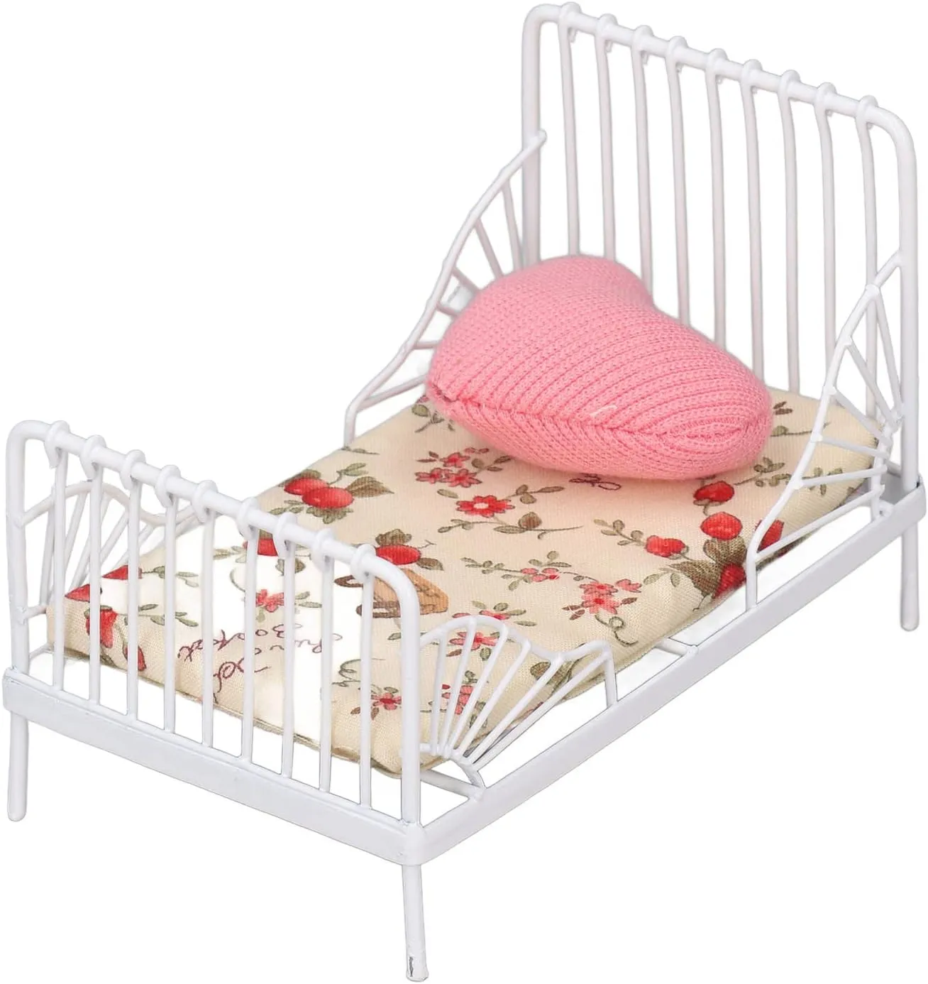 Dollhouse Bed Set, 1:12 Scale Dollhouse Mini Bed Metal Frame for Adults (Floral Pattern)