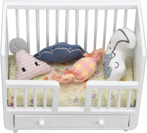 Dollhouse Crib, 1:12 Miniature Dollhouse Baby DIY Accessoreis with 4 Cushions for Dollhouse Room for Kids