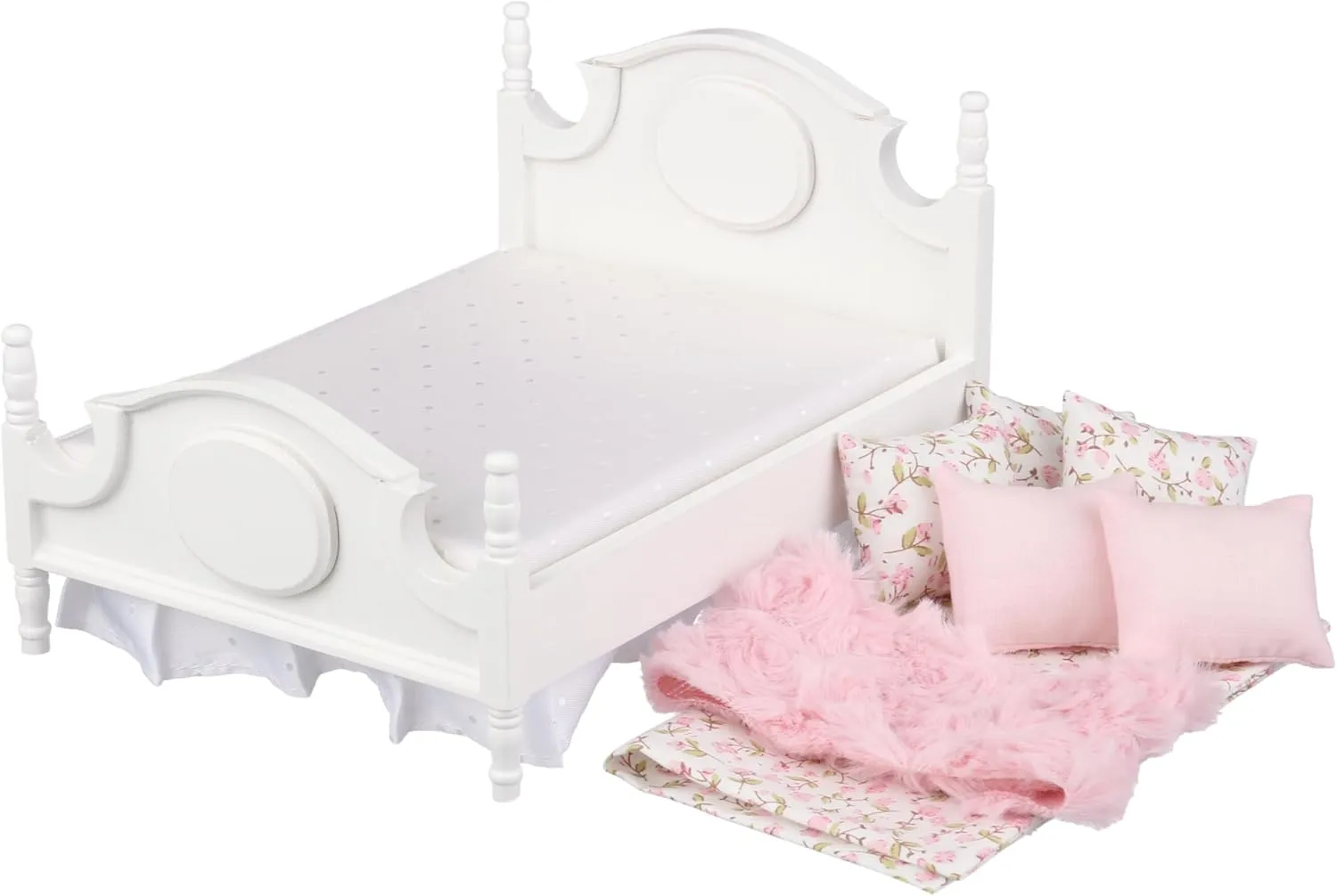 Dollhouse Furniture Mini Bed Set, Realistic Bedroom Accessories for 6 inch Dolls, Pillow, Wooden Frame, 1/12 Scale (White Bed, Pink Bedding)