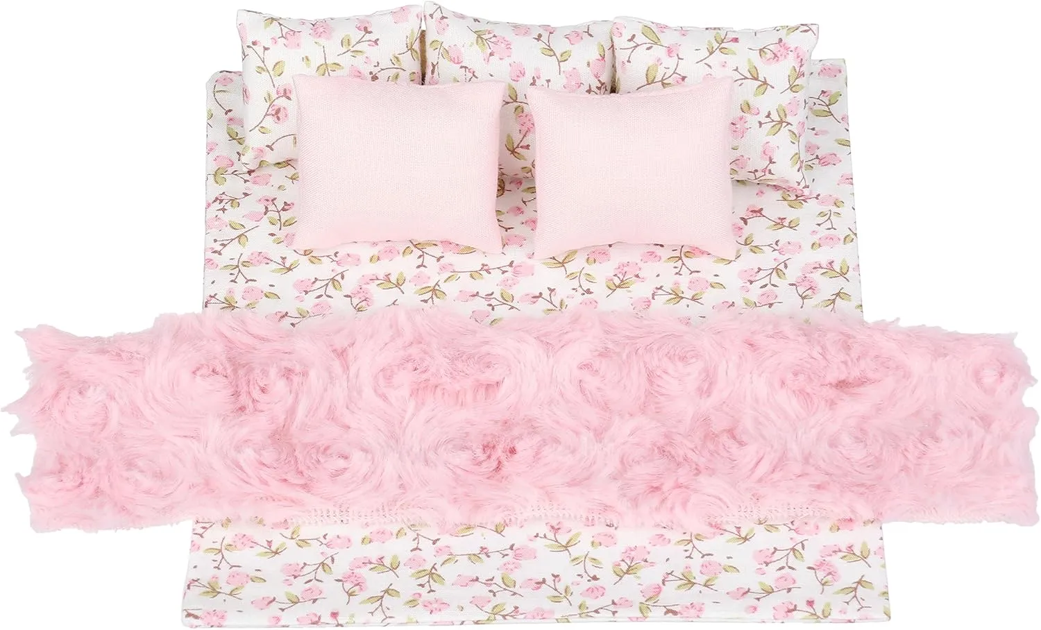 Dollhouse Furniture Mini Bed Set, Realistic Bedroom Accessories for 6 inch Dolls, Pillow, Wooden Frame, 1/12 Scale (White Bed, Pink Bedding)