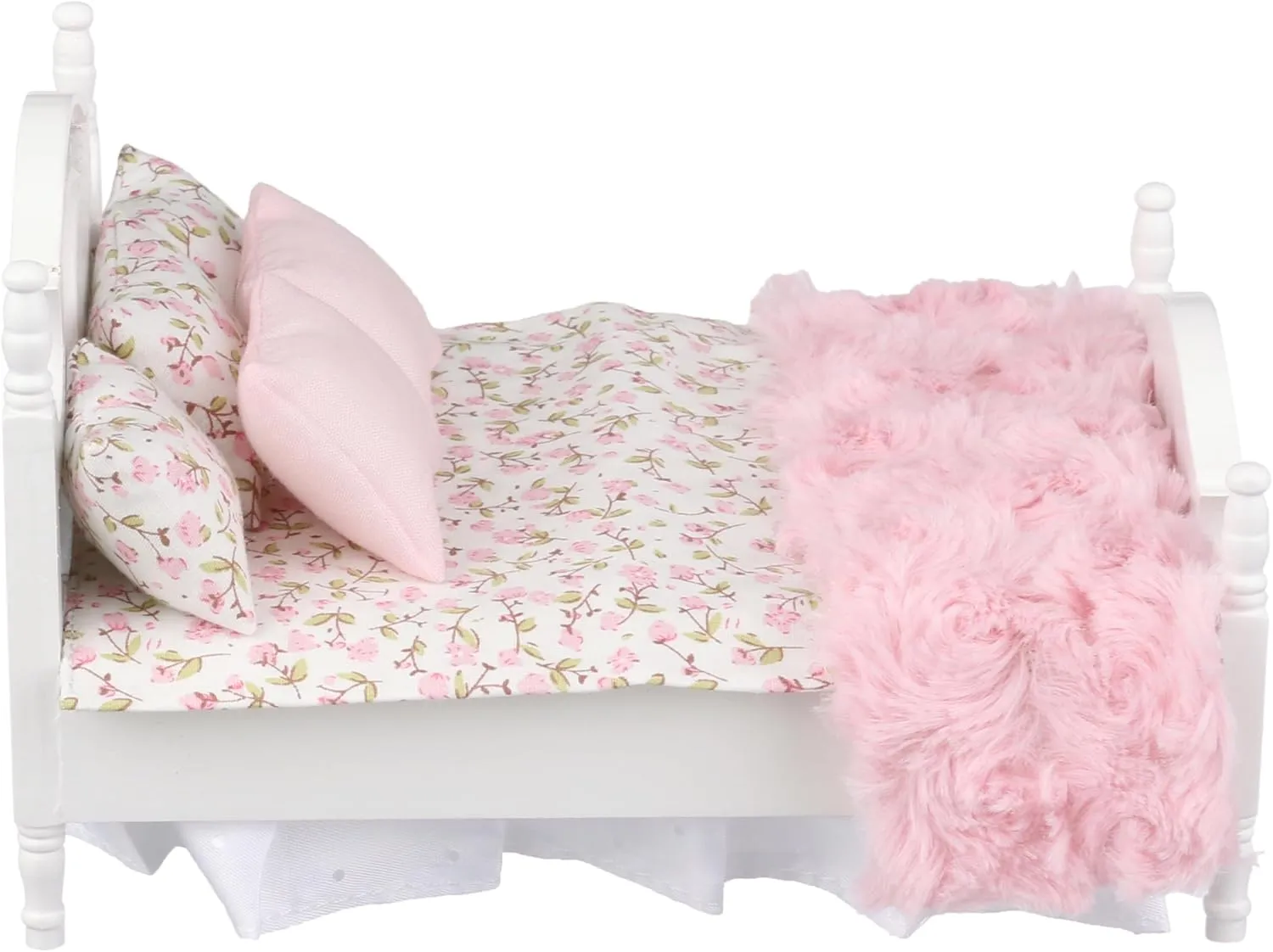Dollhouse Furniture Mini Bed Set, Realistic Bedroom Accessories for 6 inch Dolls, Pillow, Wooden Frame, 1/12 Scale (White Bed, Pink Bedding)