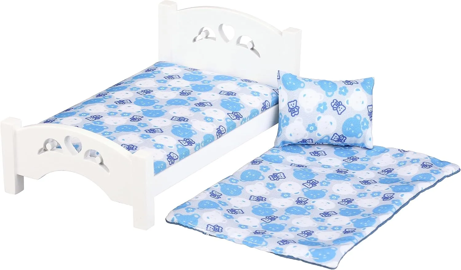 Dollhouse Furniture Mini Kid’s Bed Set, Realistic Bedroom Accessories for 6 inch Dolls, Blue Bedding, White Wood, 1/12 Scale