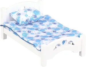 Dollhouse Furniture Mini Kid’s Bed Set, Realistic Bedroom Accessories for 6 inch Dolls, Blue Bedding, White Wood, 1/12 Scale