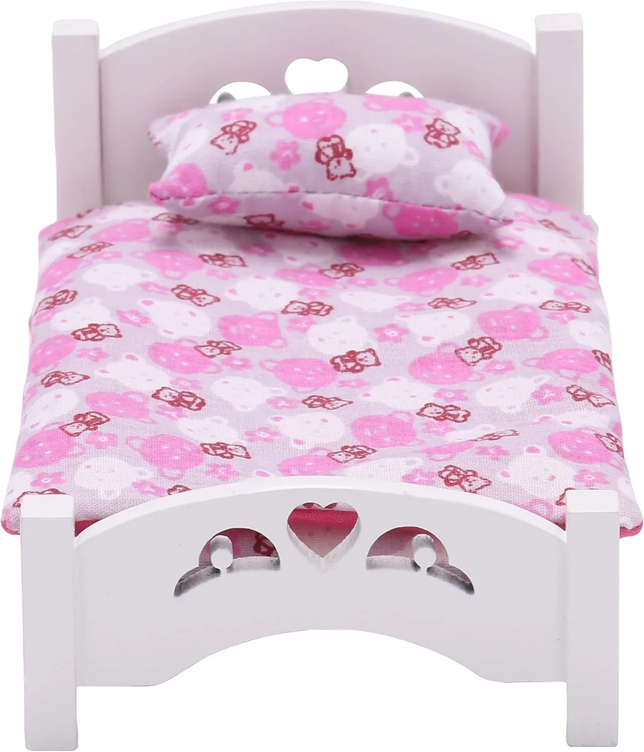 Dollhouse Furniture Mini Kid’s Bed Set, Realistic Bedroom Accessories for 6 inch Dolls, Pink Bedding, White Wood, 1/12 Scale