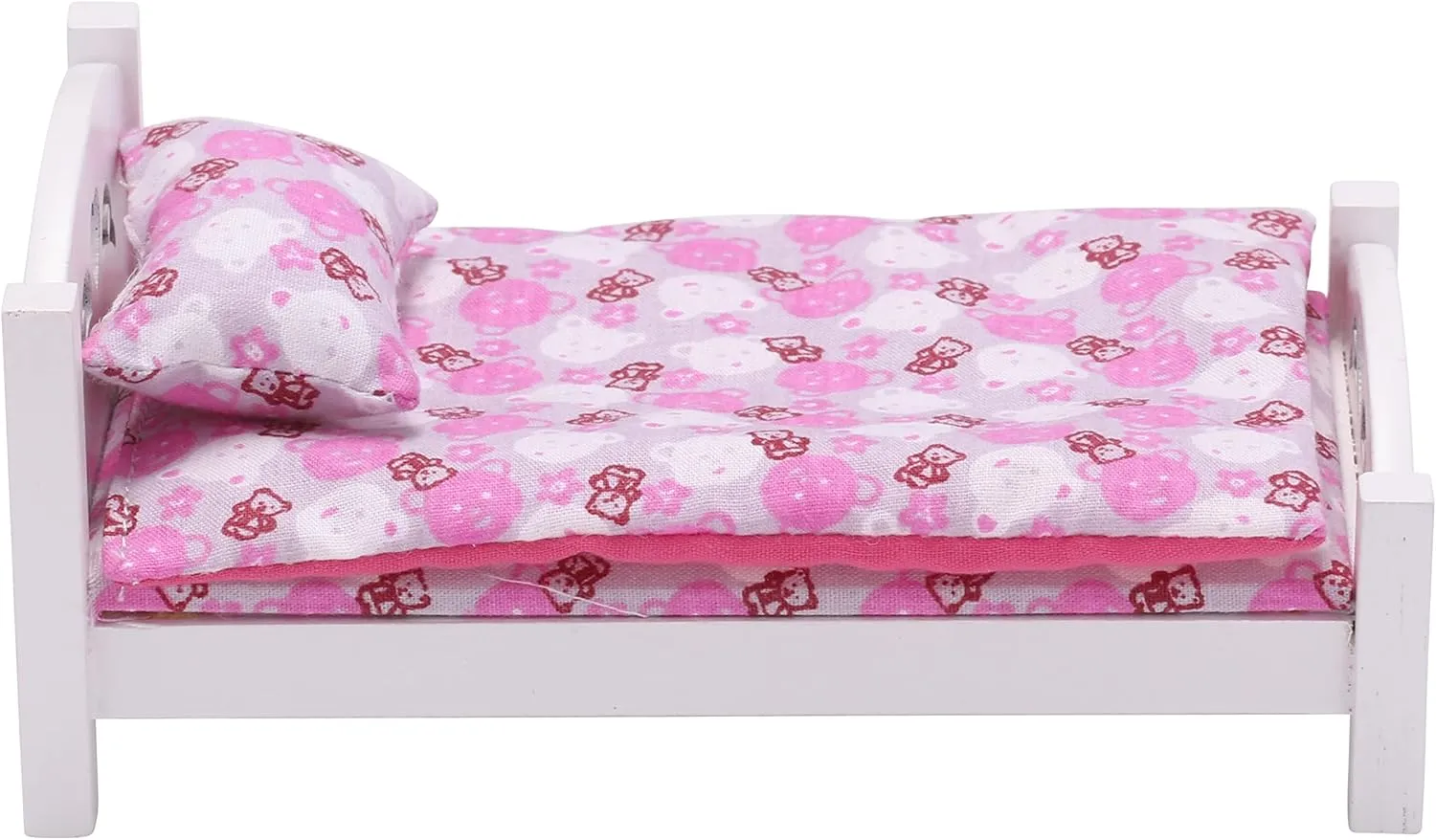 Dollhouse Furniture Mini Kid’s Bed Set, Realistic Bedroom Accessories for 6 inch Dolls, Pink Bedding, White Wood, 1/12 Scale