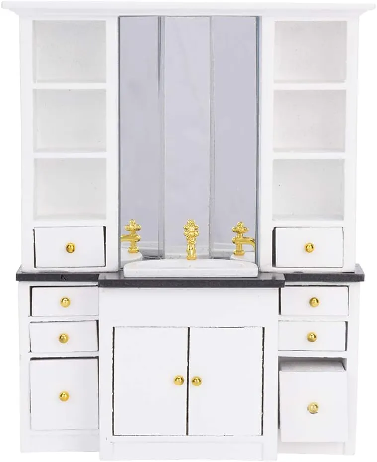 Dollhouse Mini Furniture, 1/12 Miniature Bathroom Basin Cabinet Furniture Asseccories for Doll House Bathroom Kitchen Decoration (White)