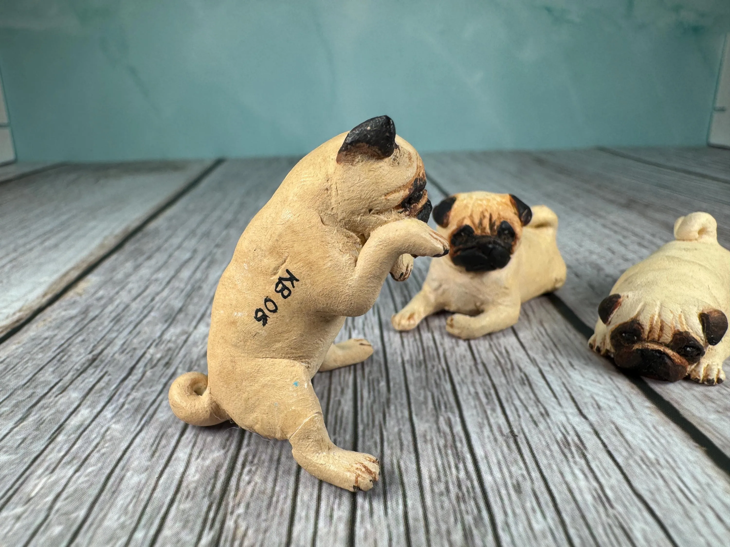 Dollhouse Miniature ~  Artisan KB OOAK Lot of 3 Handmade Signed Pug Dogs