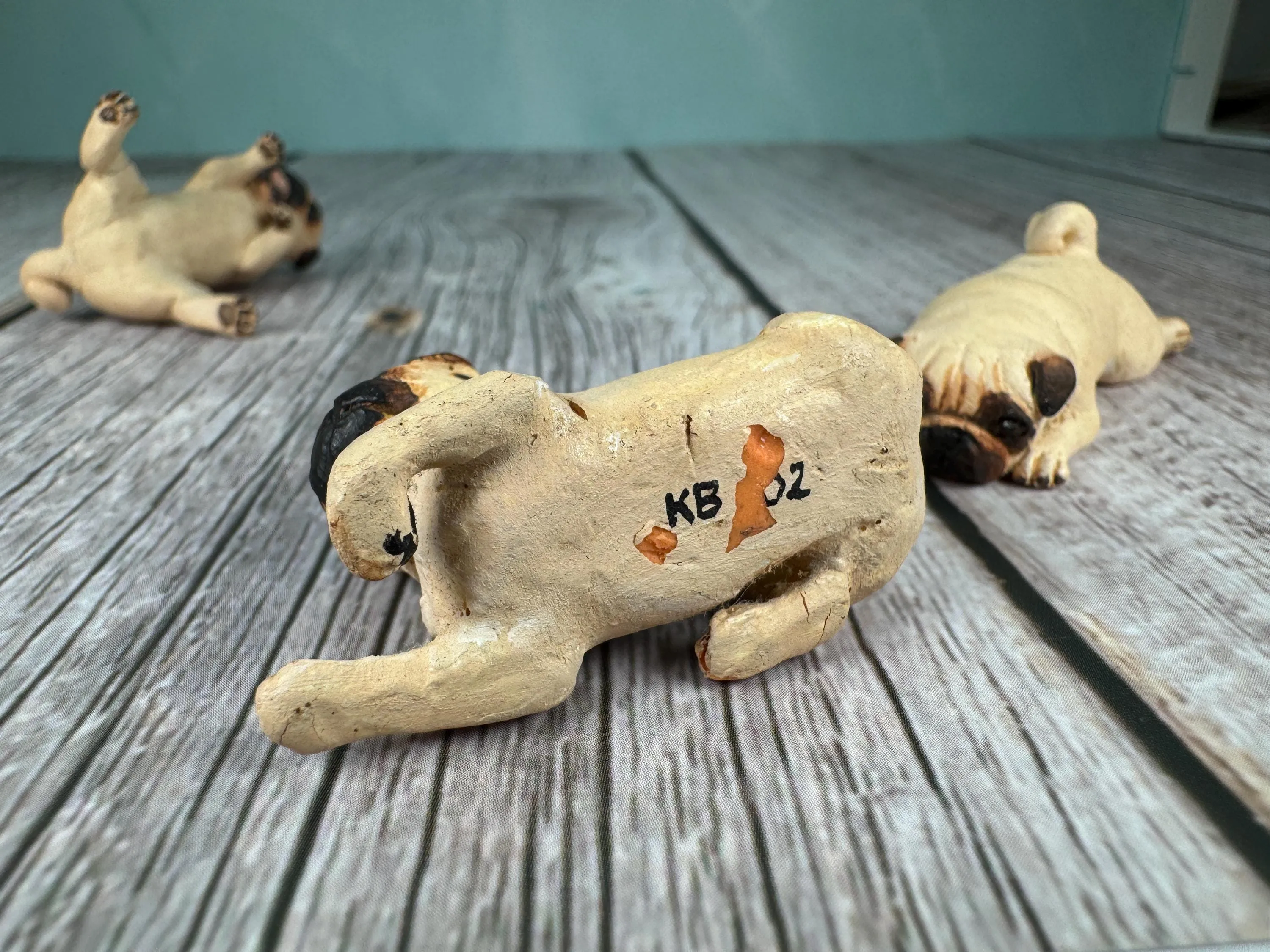 Dollhouse Miniature ~  Artisan KB OOAK Lot of 3 Handmade Signed Pug Dogs