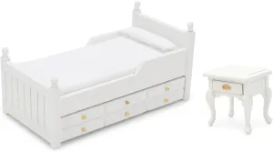 Dollhouse Miniature Bed with Drawer & End Table Dollhouse Furniture 1:12 Accessories Wooden Bedroom Nightstand Vintage Living Room Scene Bedroom Bedsides House Model Decoration