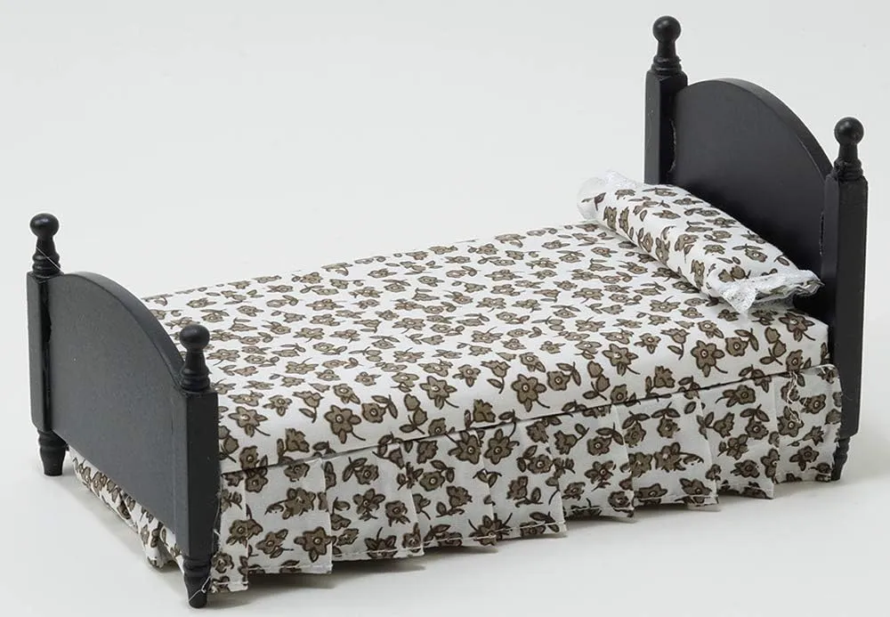 Dollhouse Miniature Single Bed, Black with Brown and White Floral Fabric
