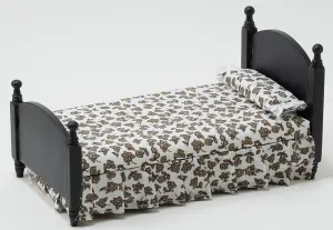 Dollhouse Miniature Single Bed, Black with Brown and White Floral Fabric