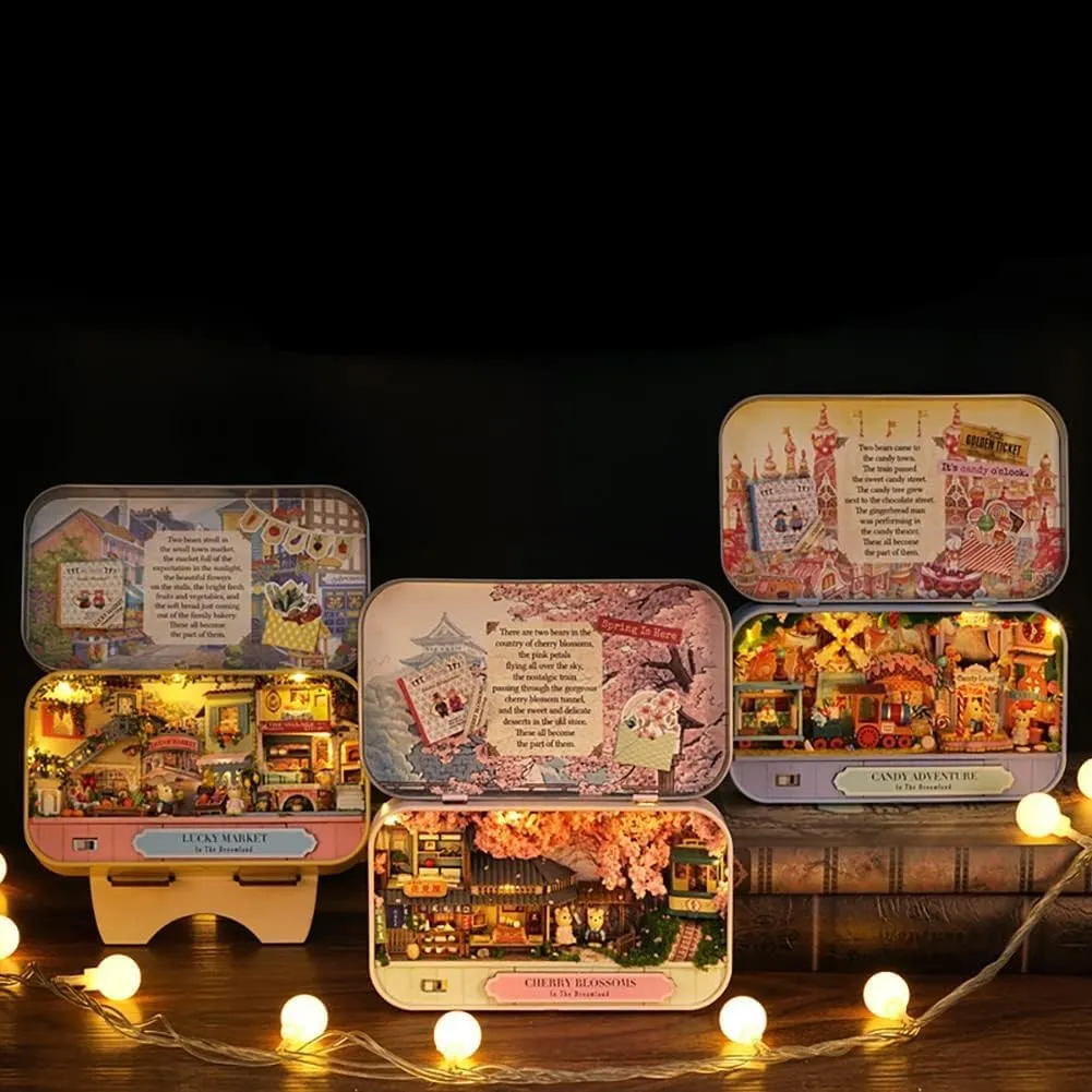 Dollhouse Miniature with Furniture, DIY Wooden Doll House Kit Box Theater Style 1:24 Scale Creative Room Idea Best Gift for Lover (Sakura Dreamland/Lucky Fair/Candy Adventure)