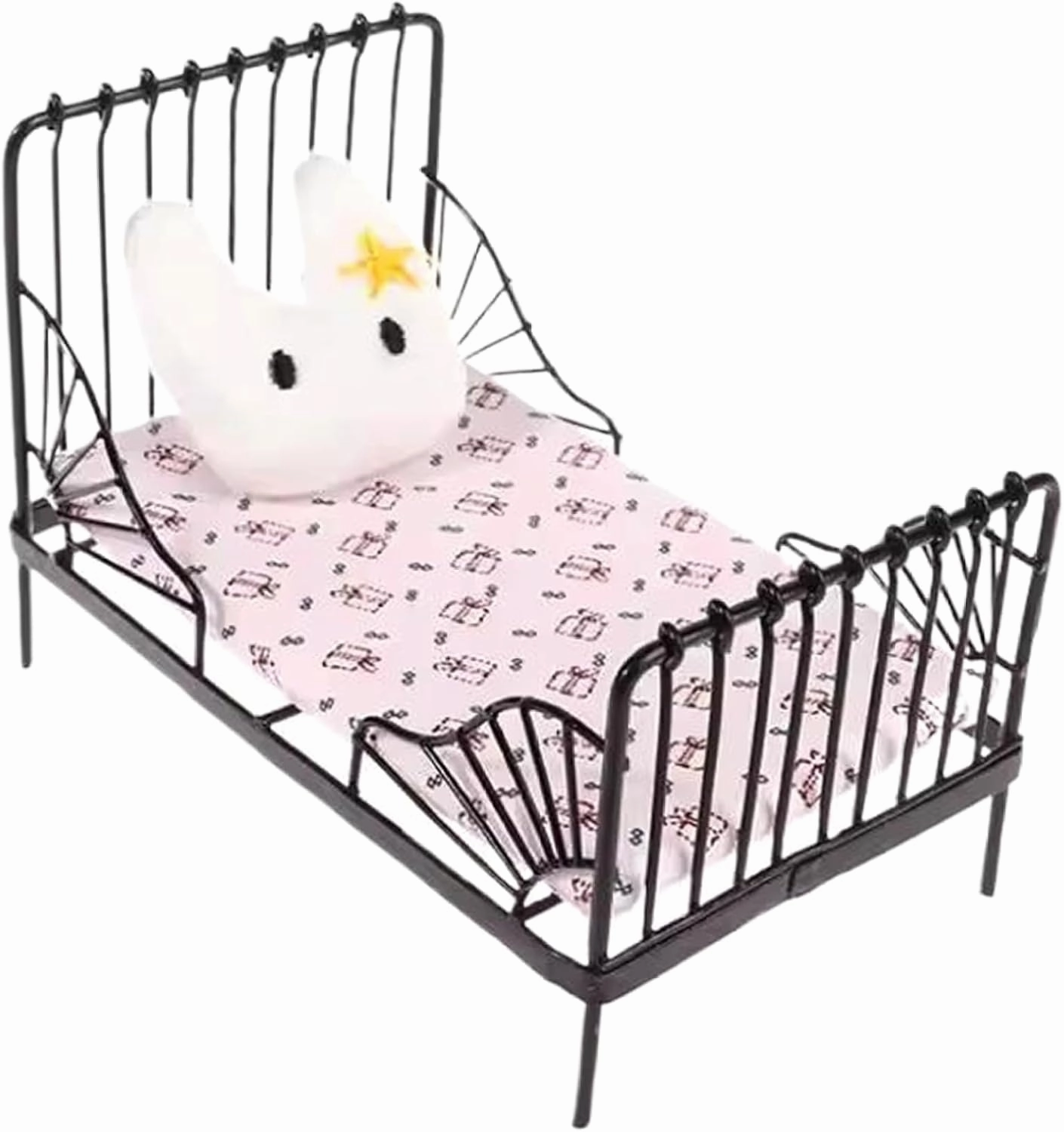 Dollhouse Bed 1:12 Scale Realistic Metal Doll Bed with Mattress & Cute Pillow Decorative Dollhouse Furniture for DIY Settings, Style 2, Furniture