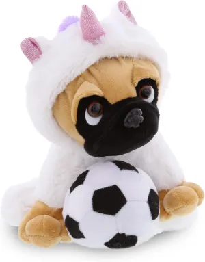 DolliBu Pug Dog Unicorn Stuffed Animal with Soccer Ball Plush - Soft Huggable Pug Dog, Adorable Playtime Plush Toy, Cute Pet Dog Gift for Kids and Adults - 10 Inch