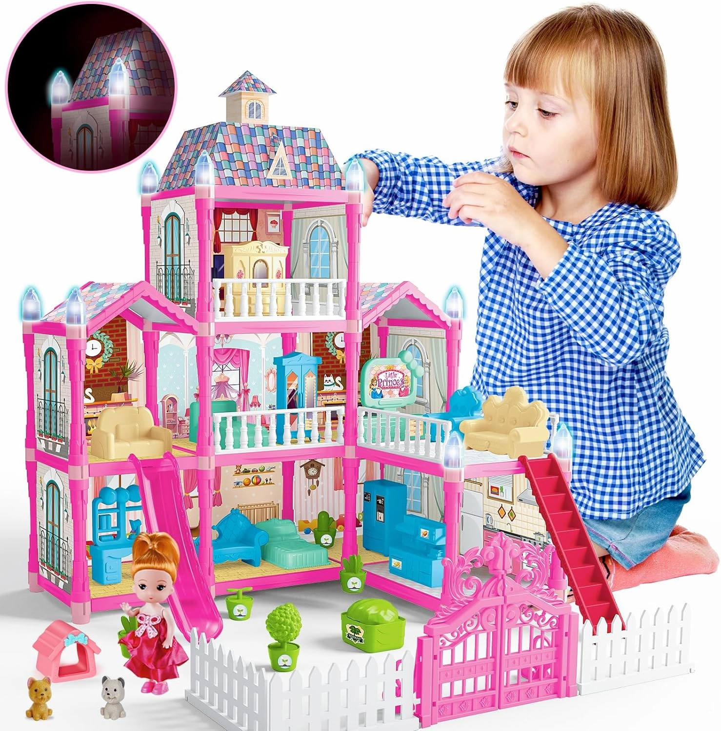 Dolls House, Dollhouses with Night Light, Doll Houses Playset with Furniture and Accessories, Dream Toy House Set 3-Story 8 Rooms,DIY Dollhouses Kit, Dream Dollhouses for Girls 3 Year  Gifts(Pink)