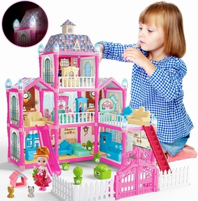 Dolls House, Dollhouses with Night Light, Doll Houses Playset with Furniture and Accessories, Dream Toy House Set 3-Story 8 Rooms,DIY Dollhouses Kit, Dream Dollhouses for Girls 3 Year  Gifts(Pink)