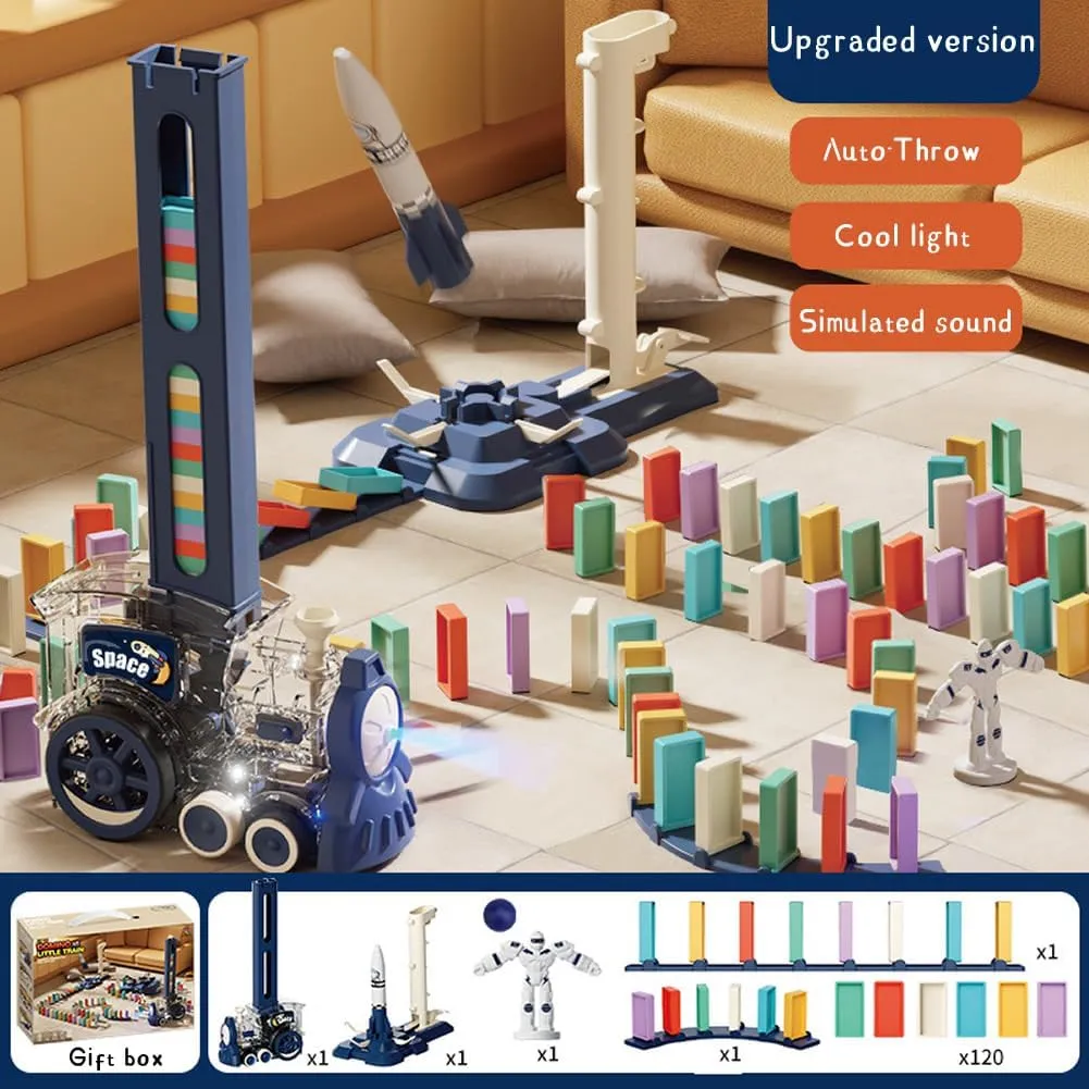 Domino Train Kids Toys, Automatic Domino Train Building Blocks Stacking Rocket Set with Lights and Sounds, 120PCS Dominoes, Dominoes and Tiles Game, Christmas New Year Kids Gift Limited Edition