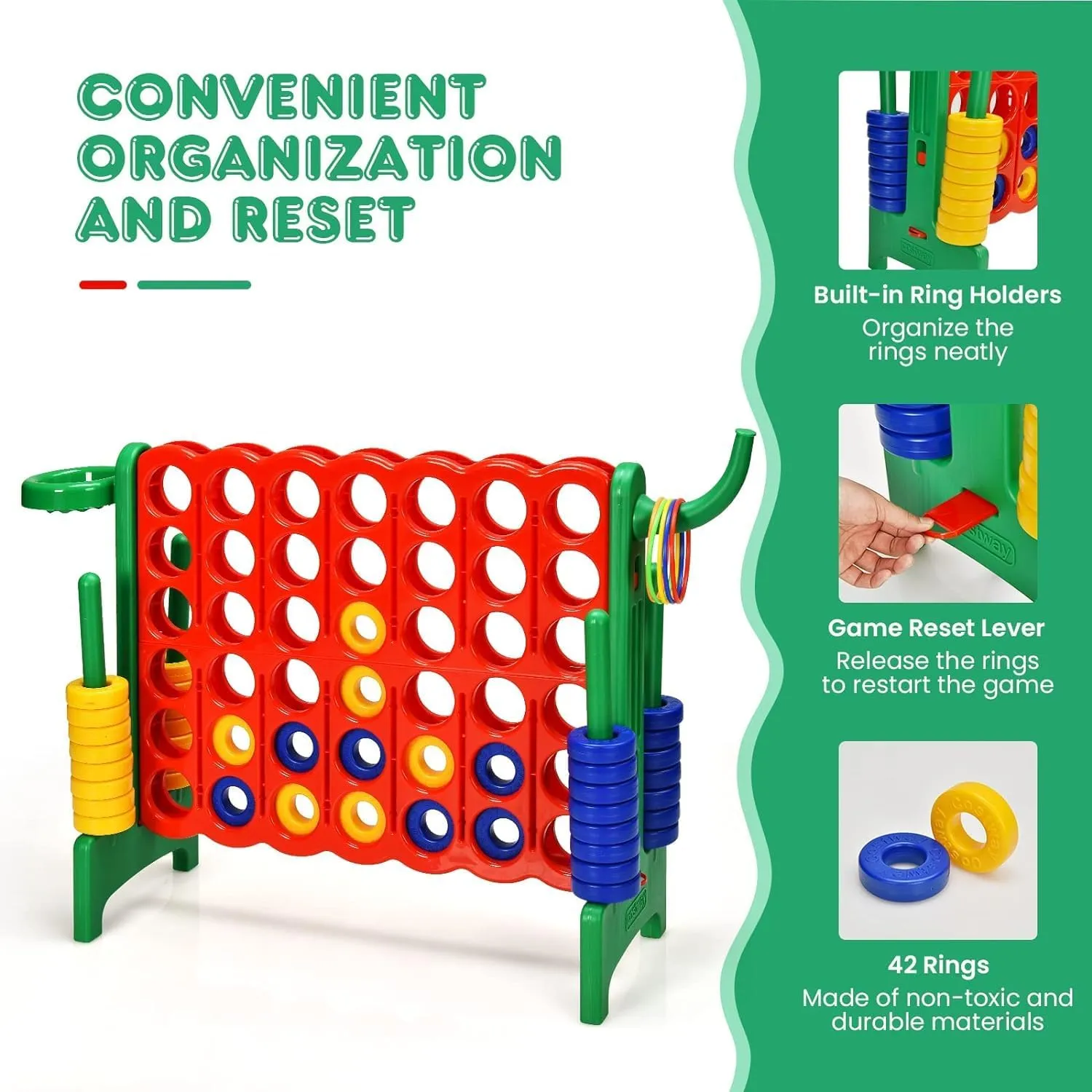 DORTALA Giant 4-in-A-Row, Plastic Jumbo Connect Game Set w/42 Jumbo Rings, Quick-Release Slider, Ring Toss, 2.5Ft Indoor Outdoor 4 to Score Yard Game w/Basketball Hoop