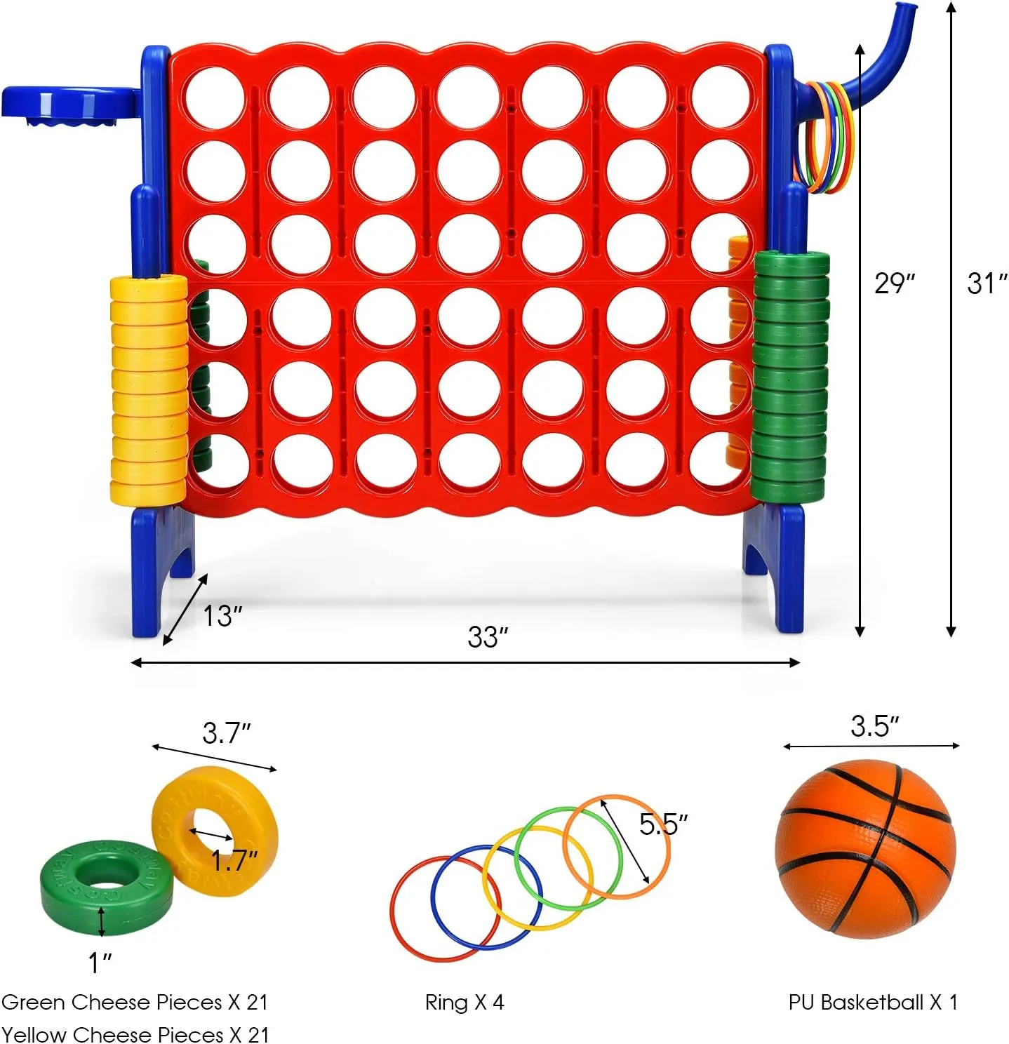 DORTALA Giant 4-in-A-Row, Plastic Jumbo Connect Game Set w/42 Jumbo Rings, Quick-Release Slider, Ring Toss, 2.5Ft Indoor Outdoor 4 to Score Yard Game w/Basketball Hoop