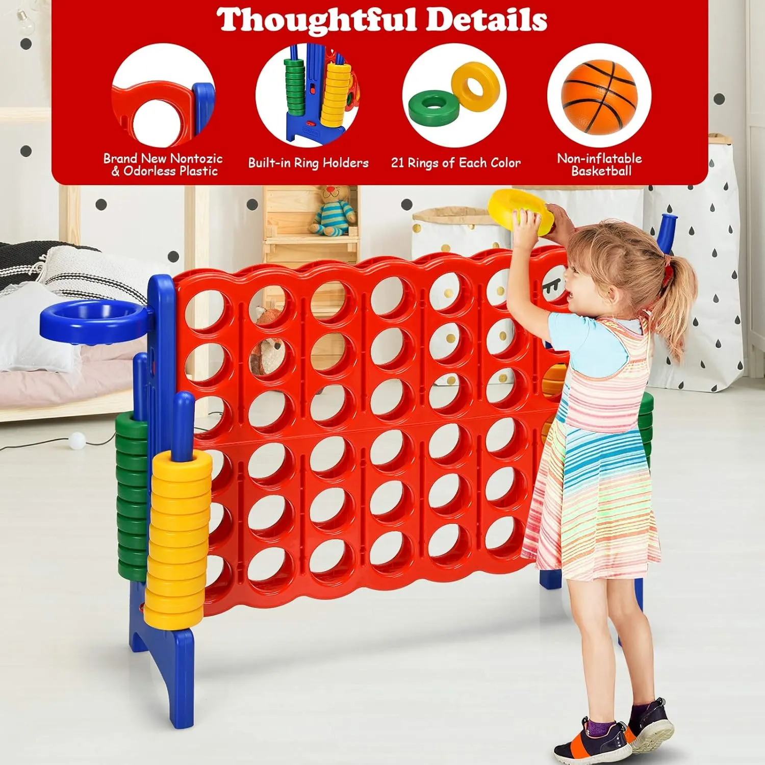 DORTALA Giant 4-in-A-Row, Plastic Jumbo Connect Game Set w/42 Jumbo Rings, Quick-Release Slider, Ring Toss, 2.5Ft Indoor Outdoor 4 to Score Yard Game w/Basketball Hoop