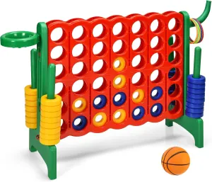 DORTALA Giant 4-in-A-Row, Plastic Jumbo Connect Game Set w/42 Jumbo Rings, Quick-Release Slider, Ring Toss, 2.5Ft Indoor Outdoor 4 to Score Yard Game w/Basketball Hoop