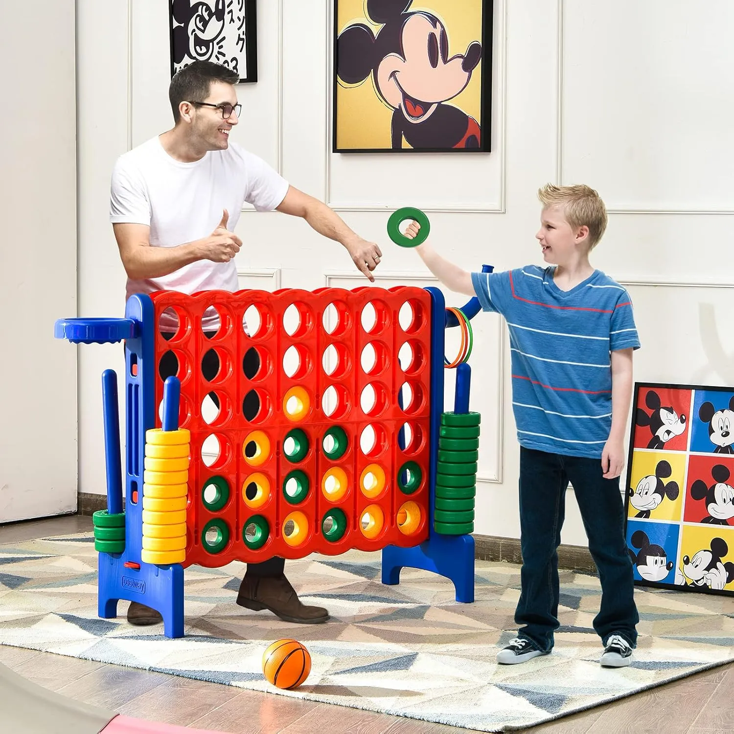 DORTALA Giant 4-in-A-Row, Plastic Jumbo Connect Game Set w/42 Jumbo Rings, Quick-Release Slider, Ring Toss, 2.5Ft Indoor Outdoor 4 to Score Yard Game w/Basketball Hoop