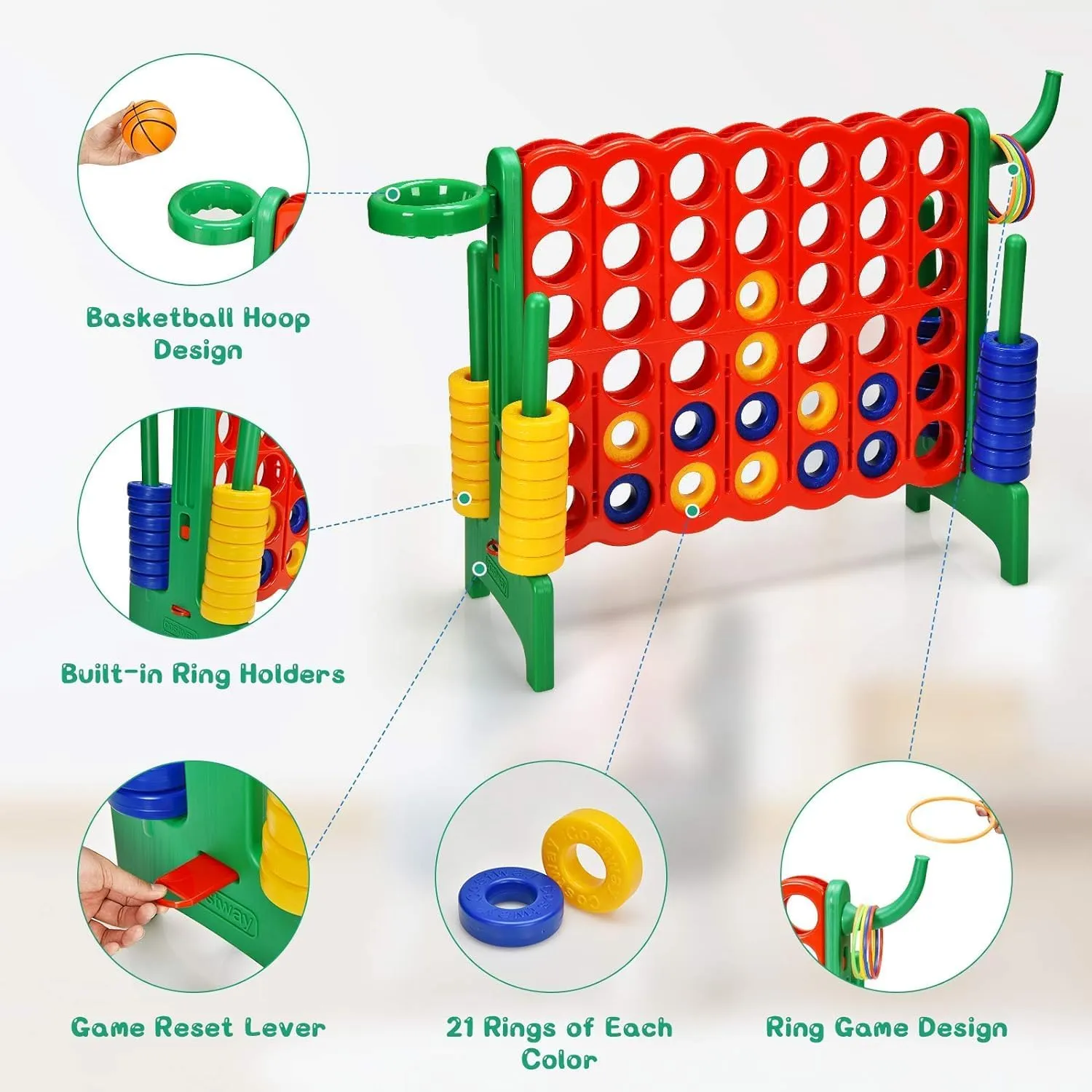 DORTALA Giant 4-in-A-Row, Plastic Jumbo Connect Game Set w/42 Jumbo Rings, Quick-Release Slider, Ring Toss, 2.5Ft Indoor Outdoor 4 to Score Yard Game w/Basketball Hoop