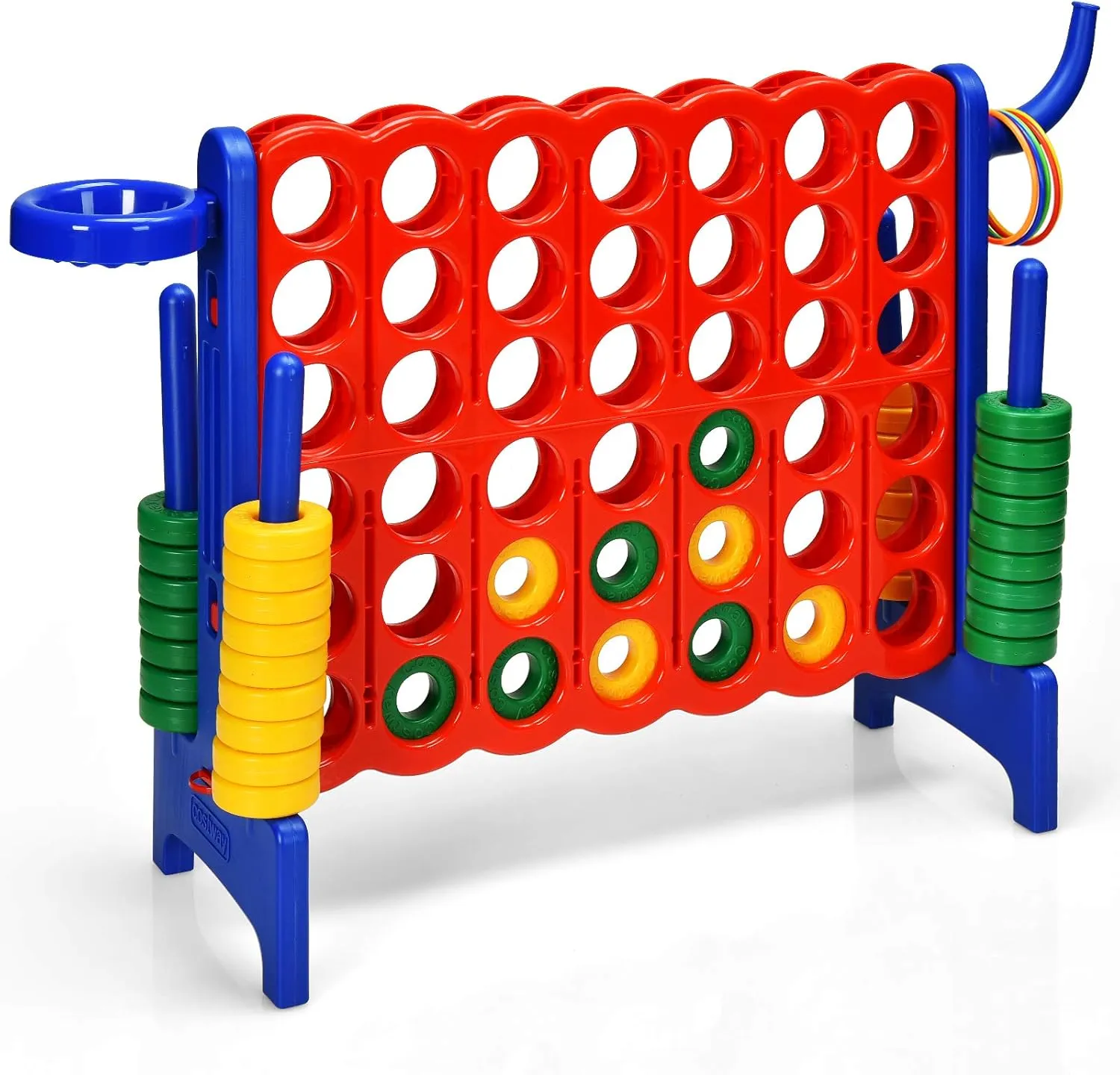 DORTALA Giant 4-in-A-Row, Plastic Jumbo Connect Game Set w/42 Jumbo Rings, Quick-Release Slider, Ring Toss, 2.5Ft Indoor Outdoor 4 to Score Yard Game w/Basketball Hoop