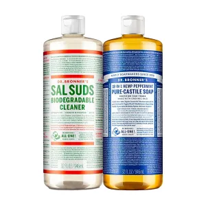 Dr. Bronner’s Pure-Castile Magic Soap Variety Pack &Sal Suds Biodegradable Cleaner Liquid Body Soap, All-Purpose Cleaner, Vegan, Cruelty-Free, Non-GMO, Peppermint Castile Liquid Soap 32 oz & Sal Suds