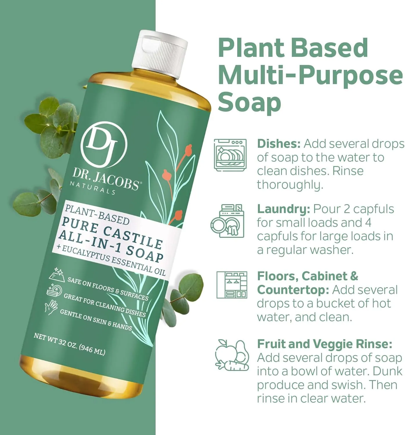 Dr. Jacobs Naturals Eucalyptus Castile All-In-One Cleaner and Soap, Effective Plant-Based Formula for House Cleaning. Eco-friendly for Home Essentials and the Planet (32 Fl Oz, 1 Pack)