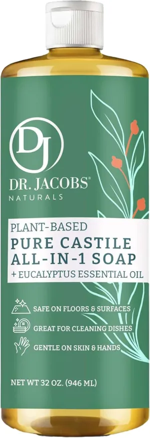 Dr. Jacobs Naturals Eucalyptus Castile All-In-One Cleaner and Soap, Effective Plant-Based Formula for House Cleaning. Eco-friendly for Home Essentials and the Planet (32 Fl Oz, 1 Pack)