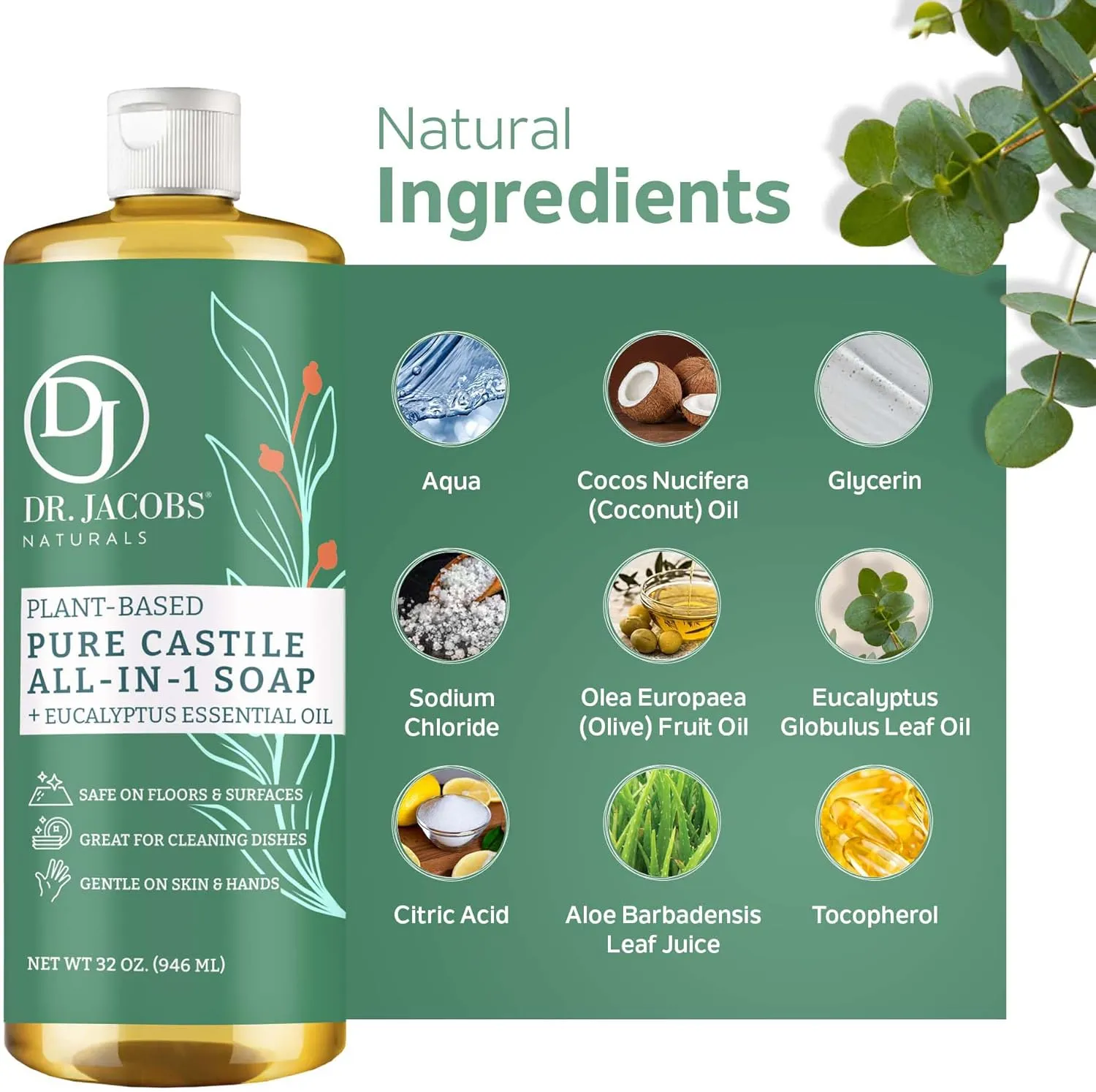 Dr. Jacobs Naturals Eucalyptus Castile All-In-One Cleaner and Soap, Effective Plant-Based Formula for House Cleaning. Eco-friendly for Home Essentials and the Planet (32 Fl Oz, 1 Pack)