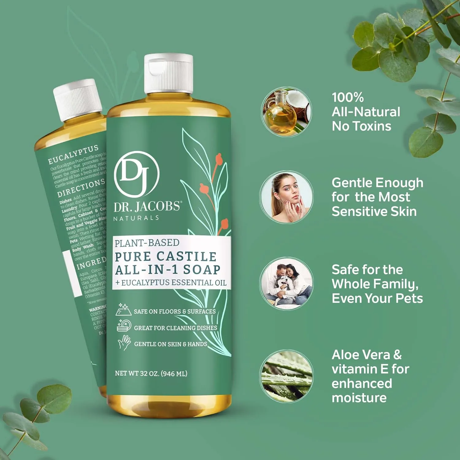 Dr. Jacobs Naturals Eucalyptus Castile All-In-One Cleaner and Soap, Effective Plant-Based Formula for House Cleaning. Eco-friendly for Home Essentials and the Planet (32 Fl Oz, 1 Pack)