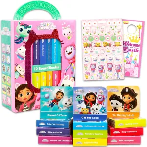 DreamWorks Gabby's Dollhouse Board Books Set Toddlers Babies Bundle - Pack of 12 Chunky My First Library Stackable Blocks Plus Stickers, More | Gabby's Dollhouse Books for Infants