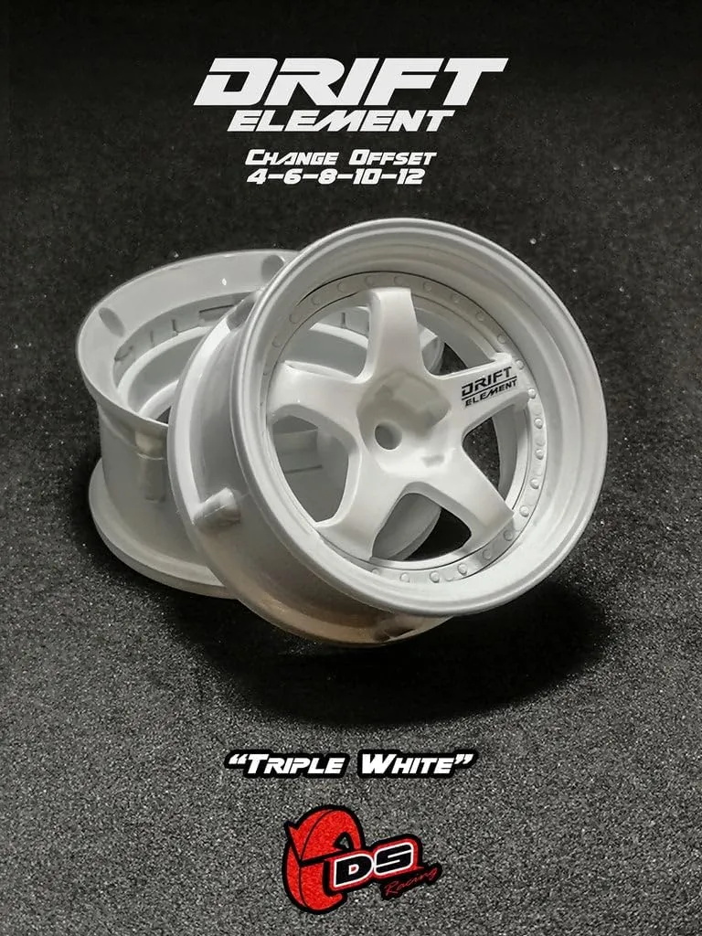 Drift Element 1/10 RC Car Drift Rims Wheels, 2PCS Set, 5-Spoke, Adjustable Offset, Fits Yokomo YD MD RD, MST RMX, Reve D RDX, Redcat RDS, HPI, Tamiya TT & More (Triple White)