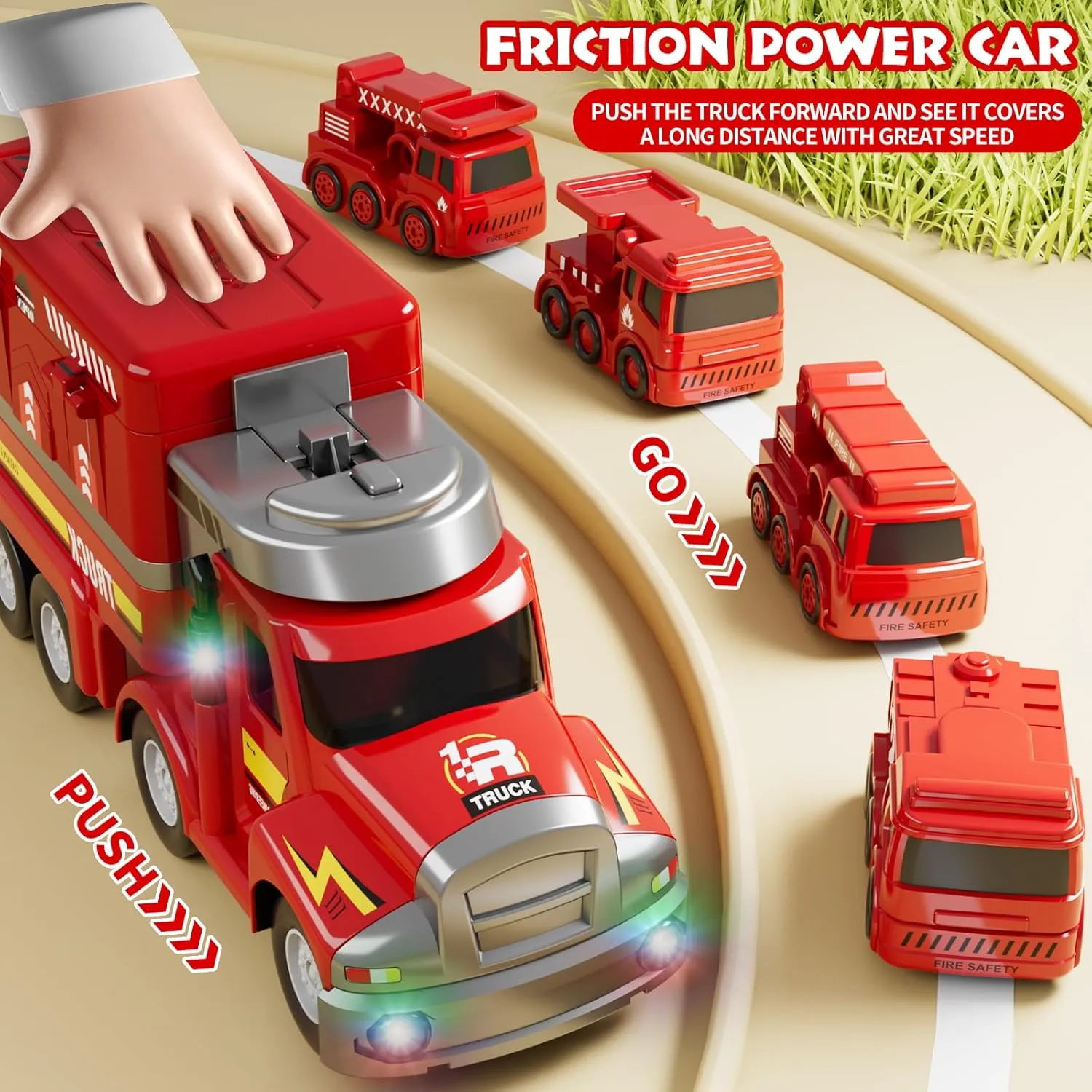 Dwi Dowellin Fire Truck Kids Toys Ages 3-5,Toddler Car Adventure Toys with 4 Race Cars and Playmat,Truck Car with Lights & Sounds for Birthdays Gifts for Age 3 4 5  Years Old, Red