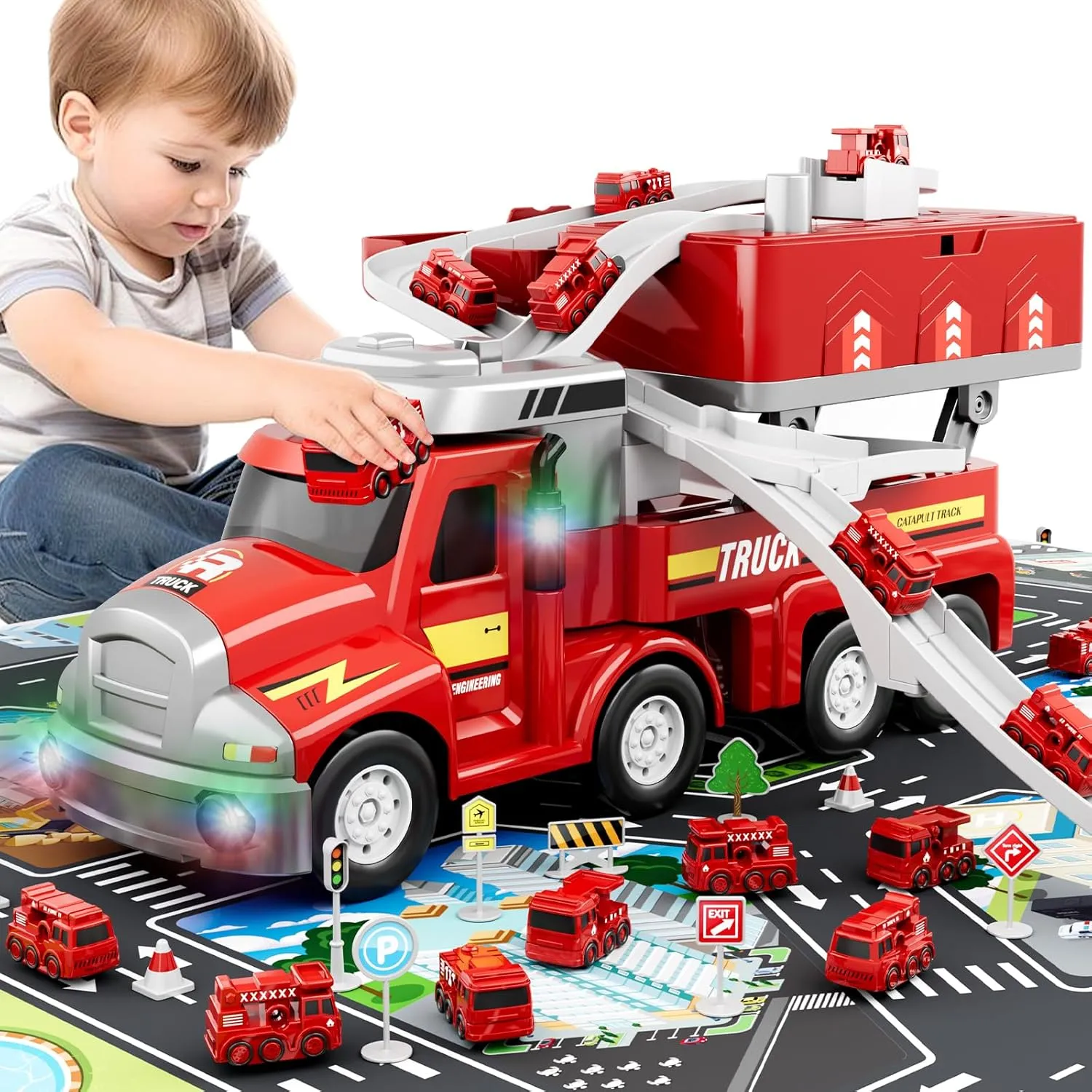 Dwi Dowellin Fire Truck Kids Toys Ages 3-5,Toddler Car Adventure Toys with 4 Race Cars and Playmat,Truck Car with Lights & Sounds for Birthdays Gifts for Age 3 4 5  Years Old, Red