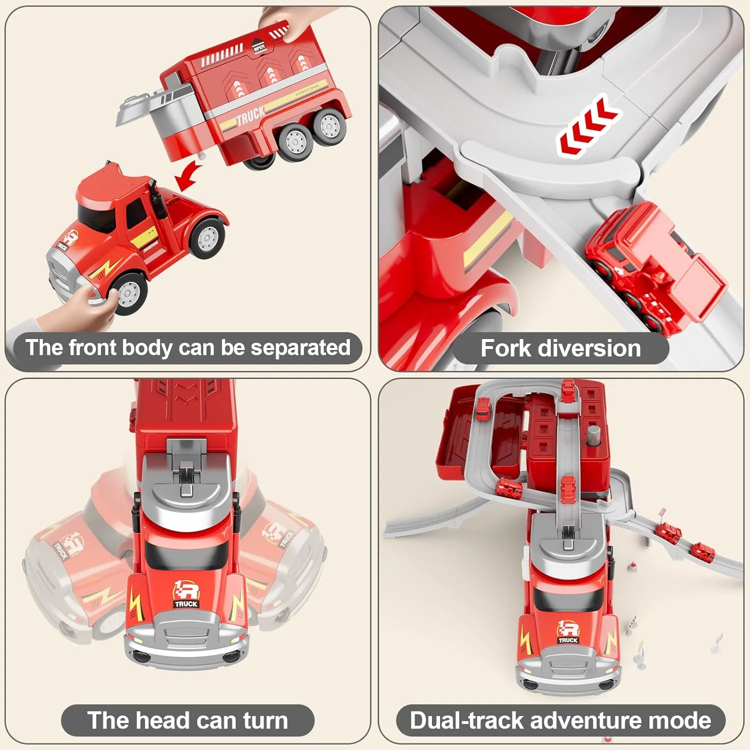 Dwi Dowellin Fire Truck Kids Toys Ages 3-5,Toddler Car Adventure Toys with 4 Race Cars and Playmat,Truck Car with Lights & Sounds for Birthdays Gifts for Age 3 4 5  Years Old, Red