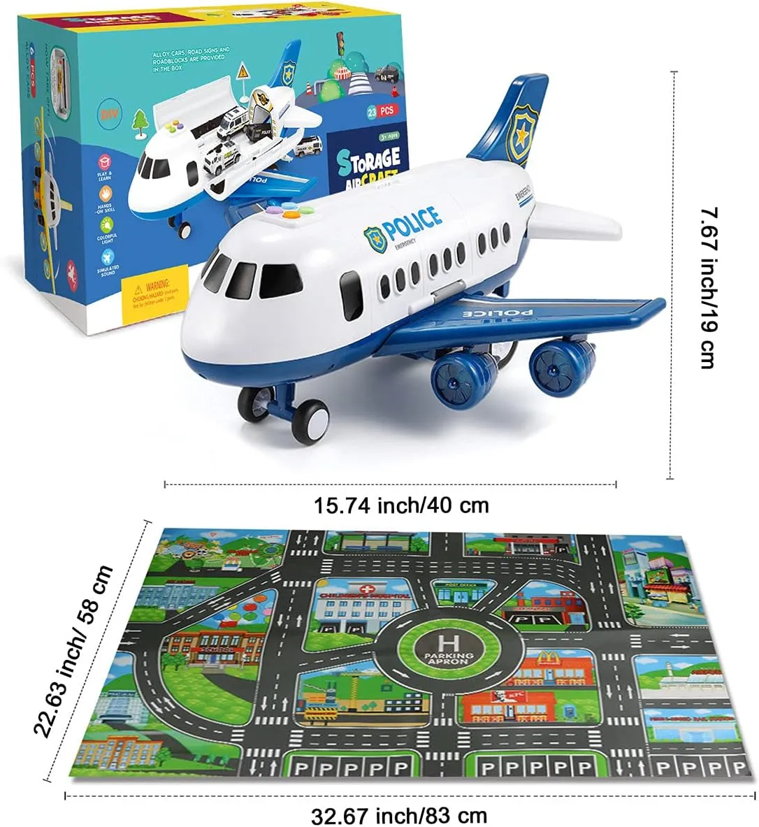 Dwi Dowellin Toddler Toys Car for Boys:Boy Toy Transport Cargo Airplane|Kid Toys 20 in 1 Carrier Vehicle Police Toys for Kids Age 2-4 3-5 4-7 Year Old Boys Girls