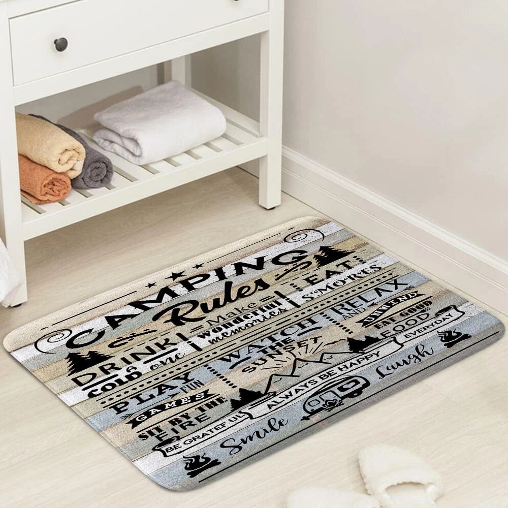DYNH Camper RV Bath Mat for Travel Trailer Bathroom, Farmhouse Camping Rules Quote Floor Rugs Mats Non Slip Bathroom Happy Camp Decor Accessories 17X29 Inches Kitchen Bedroom Indoor