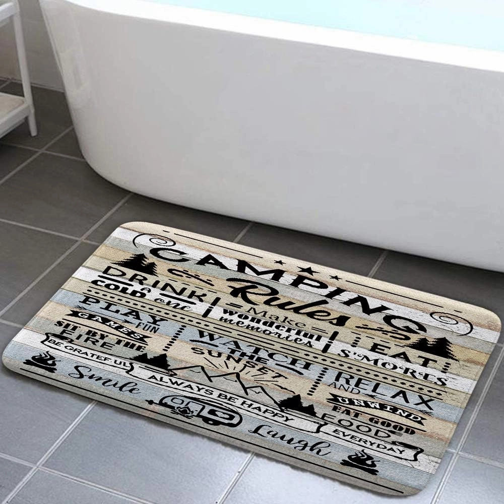 DYNH Camper RV Bath Mat for Travel Trailer Bathroom, Farmhouse Camping Rules Quote Floor Rugs Mats Non Slip Bathroom Happy Camp Decor Accessories 17X29 Inches Kitchen Bedroom Indoor